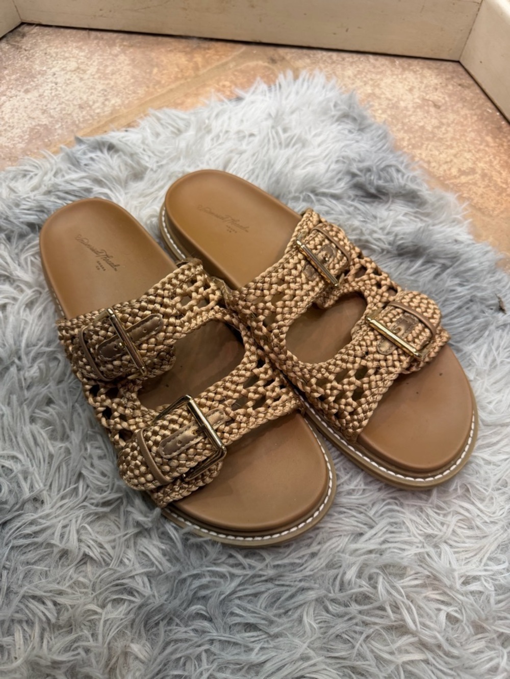 Braided Double-Buckle Gold/Tan Slide Sandals
